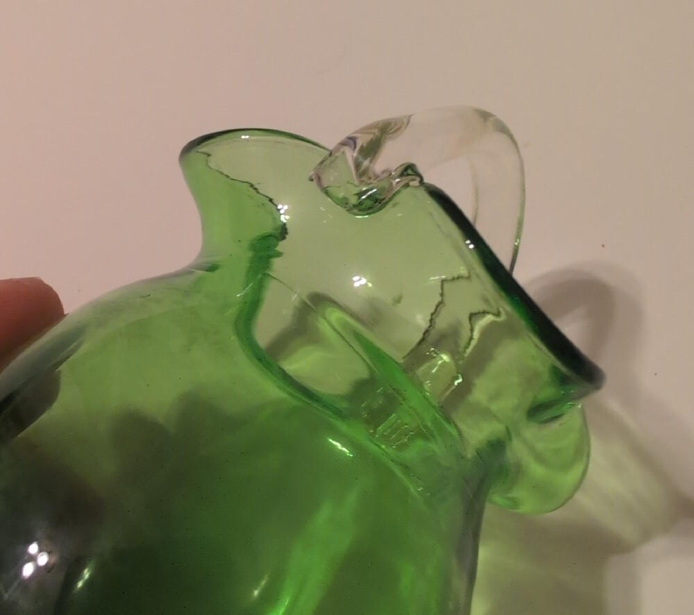 Green Pilgrim Glass Ruffled Rim Pitcher with Clear Handle - Picture 10 of 13